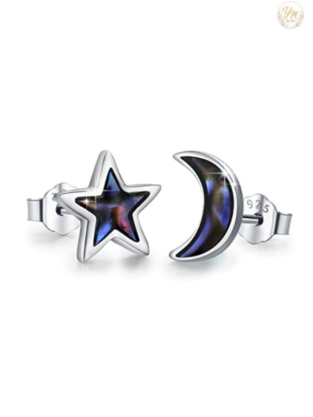 925 Sterling Silver Star Moon Stud Earrings with Abalone Shell for Women
